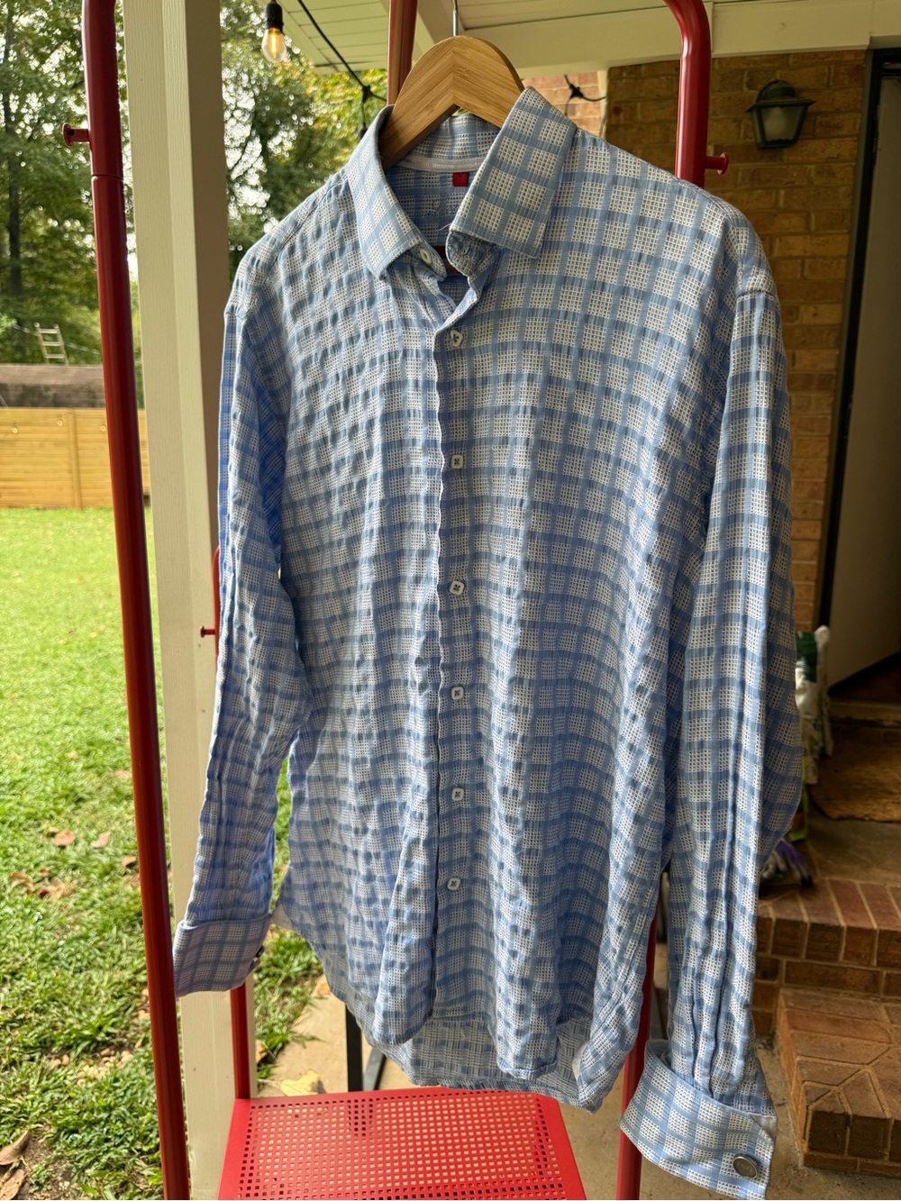 Light Blue and White Checked Dress Shirt